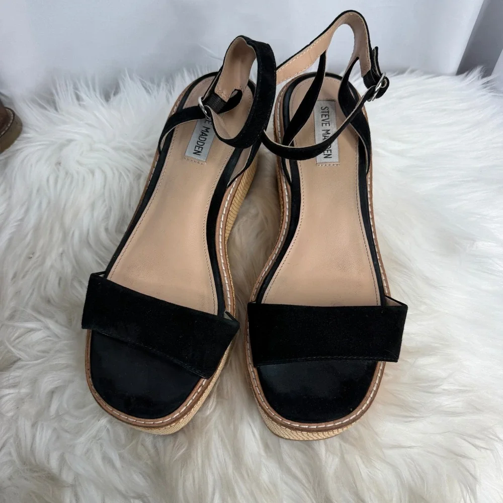 Steve Madden Composed Black Suede Raffia Platform Wedge Sandals COMP04S1